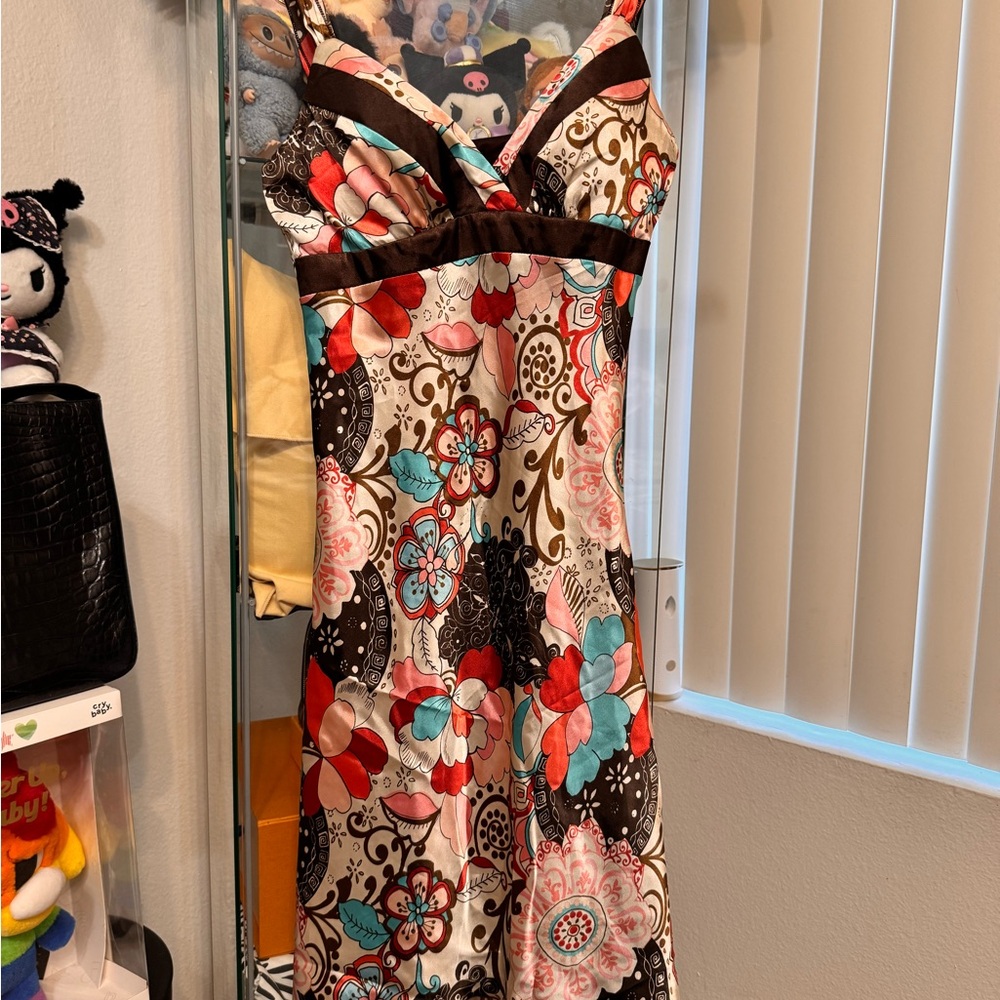 BCX Strapless Floral Dress in Red, Blue, and Brown